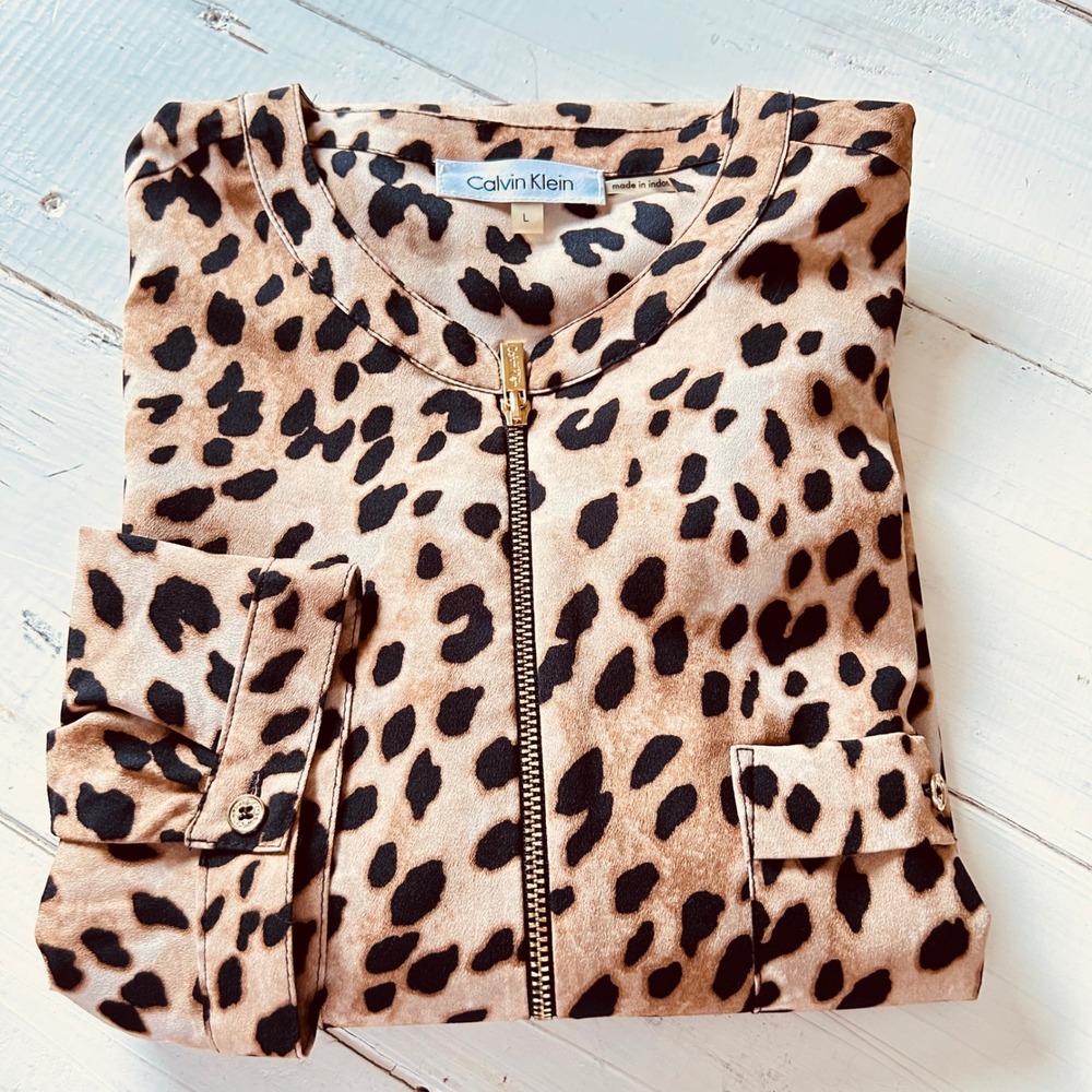 Calvin Klein Animal Print Blouse‎ Top Shirt Long Sleeve Zip Front Women's L